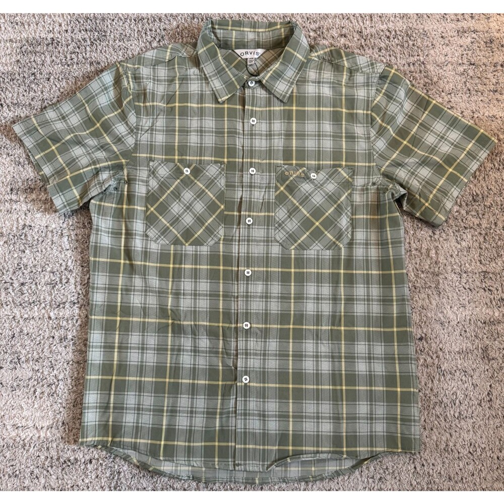 Orvis Fletcher Tech Shirt Mens Medium Oil Green Robertson Plaid Short Sleeve NWT